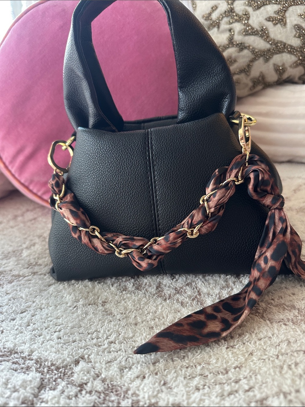 Black Pebbled Leather Bucket Bag + Leopard Scarf Chain | Top Handle Crossbody